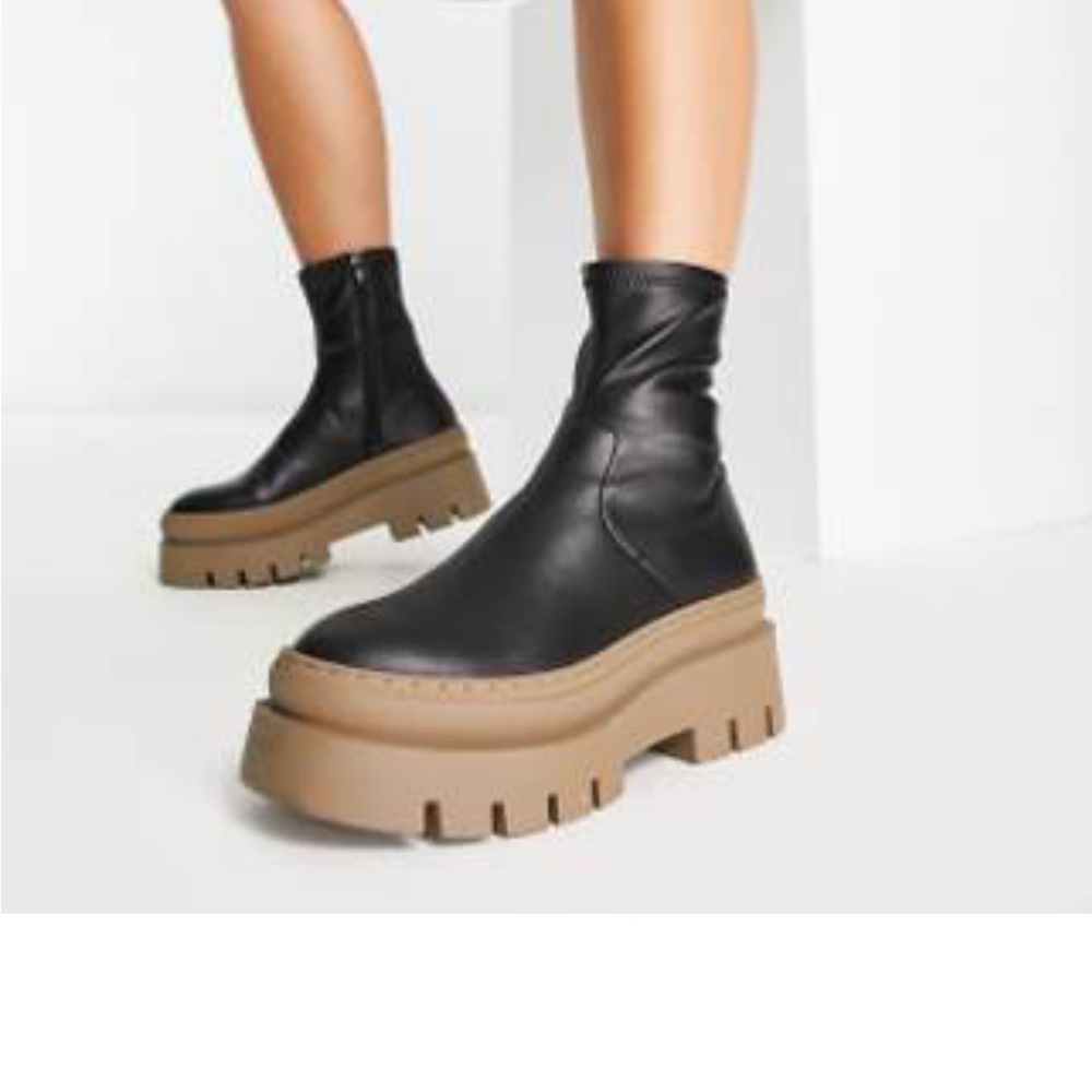SOLD OUT****Black Leather Ankle Boots with Tan Sole Edgy Style Size 7